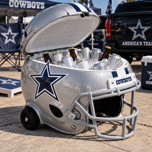 ColdRush helmet cooler in Dallas Cowboys colors, lid open and full of ice